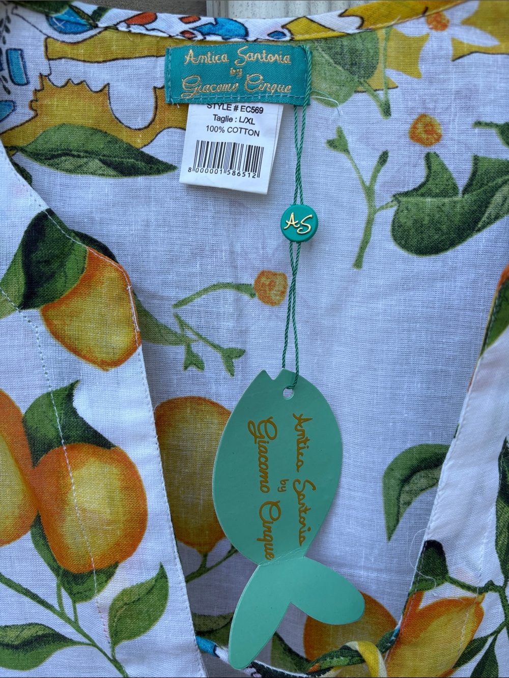 NWT Beautiful Antica Sartoria Lemon Print Tunic w Tassel Tie L/XL From Italy 🍋